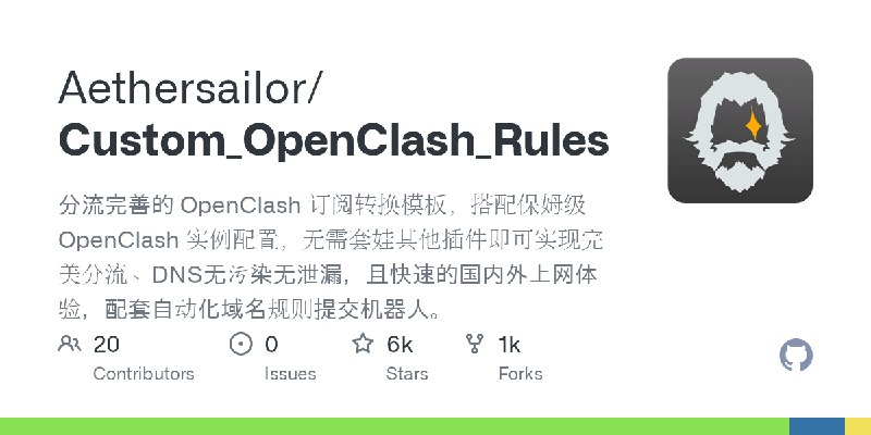 GitHub - Aethersailor/Custom_OpenClash_Rules: 分流完善的 OpenClash 订阅转换模板，搭配保姆级 OpenClash 实例配置，无需套娃其他插件即可实现完美分流、DNS无污染无泄漏，且快速的国内外上网…